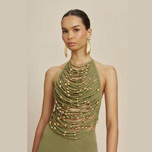 Cult gaia | Jonna Beaded Halter Top With Open Back in Tea (Green) Size M…